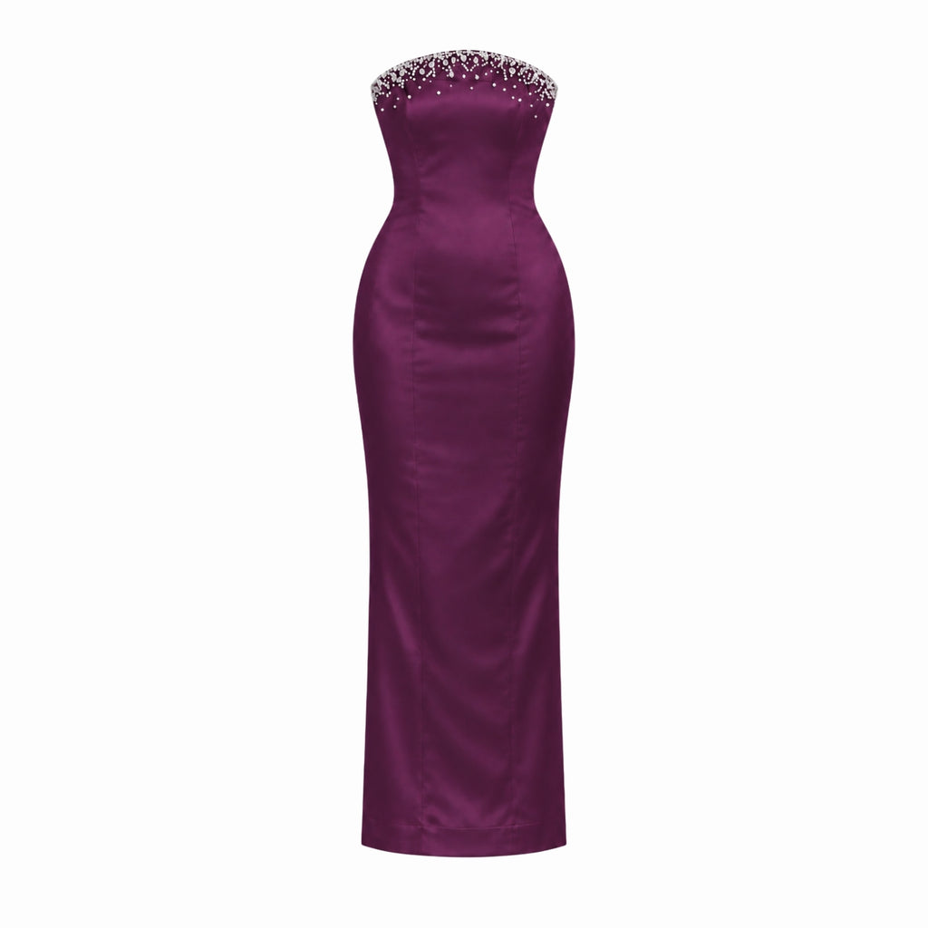 Solenne Plum Crystal-Embellished Strapless Maxi Dress